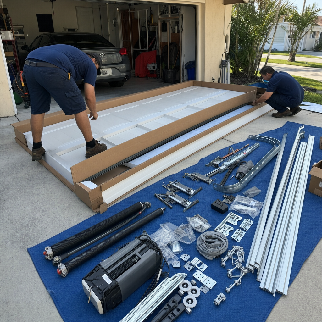 Garage door installation: New white door and parts for professional install