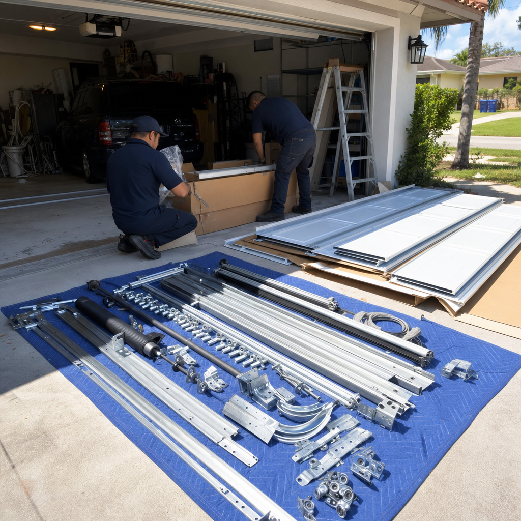 Professional garage door installation with parts laid out on a blue tarp