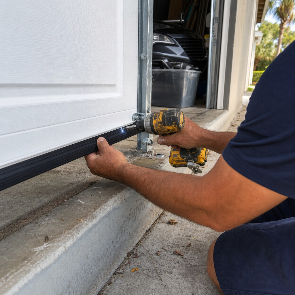 Technician installs garage door bottom seal with a drill