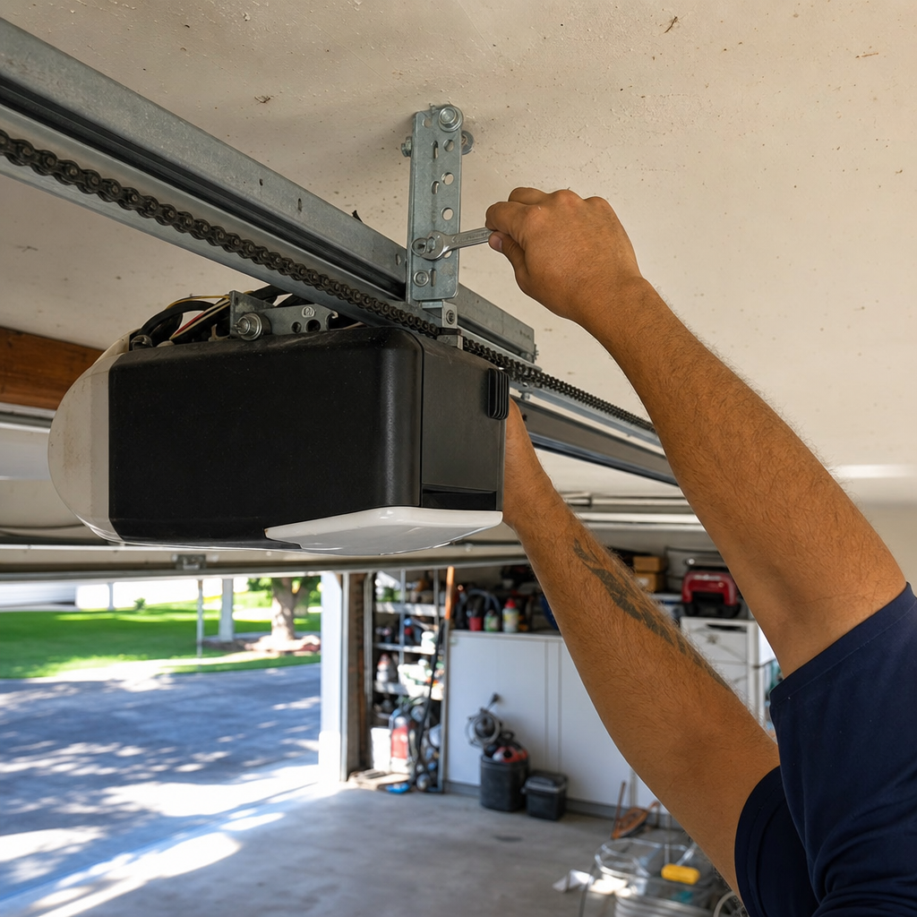 Adjusting garage door opener chain with wrench