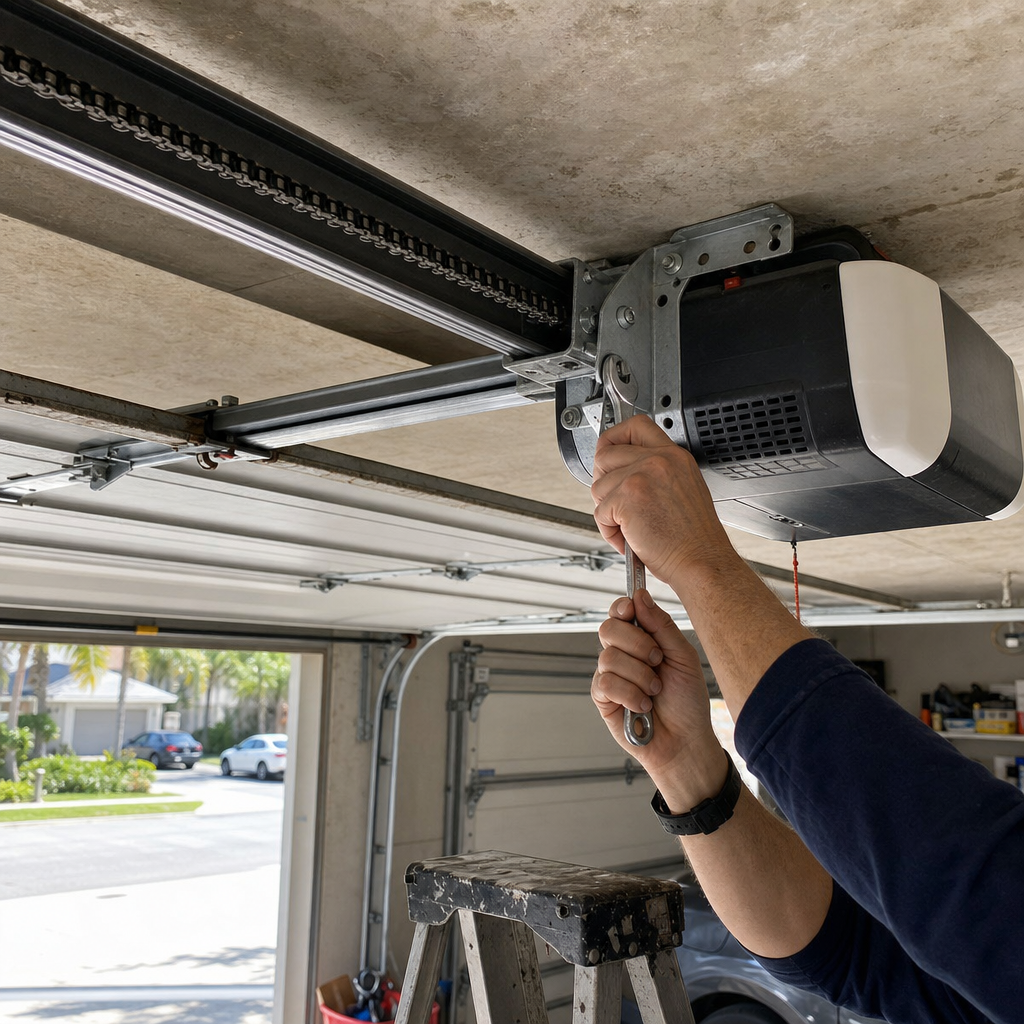 Professional adjusting a garage door opener with a wrench.