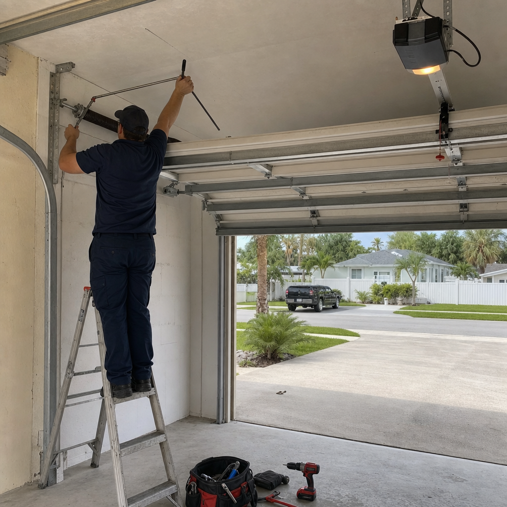 Technician repairing garage door opener mechanism on ladder