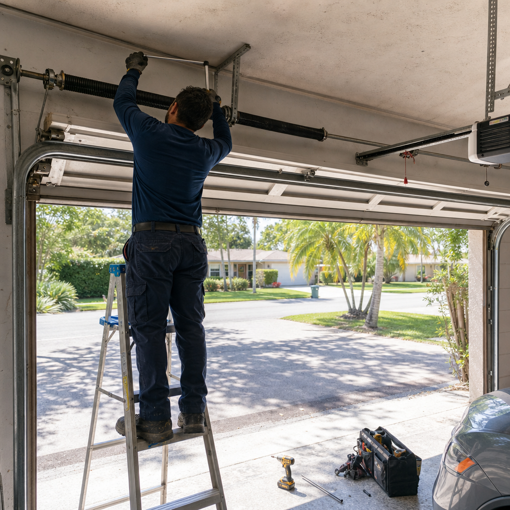 Garage door repair technician working on a spring on a ladder