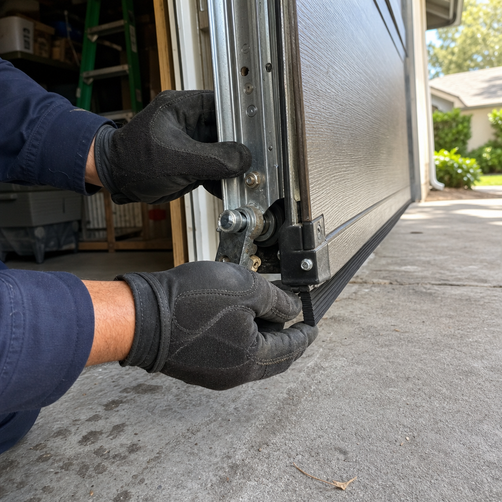 Emergency garage door repair technician fixing roller and bottom seal in Fort Lauderdale, FL