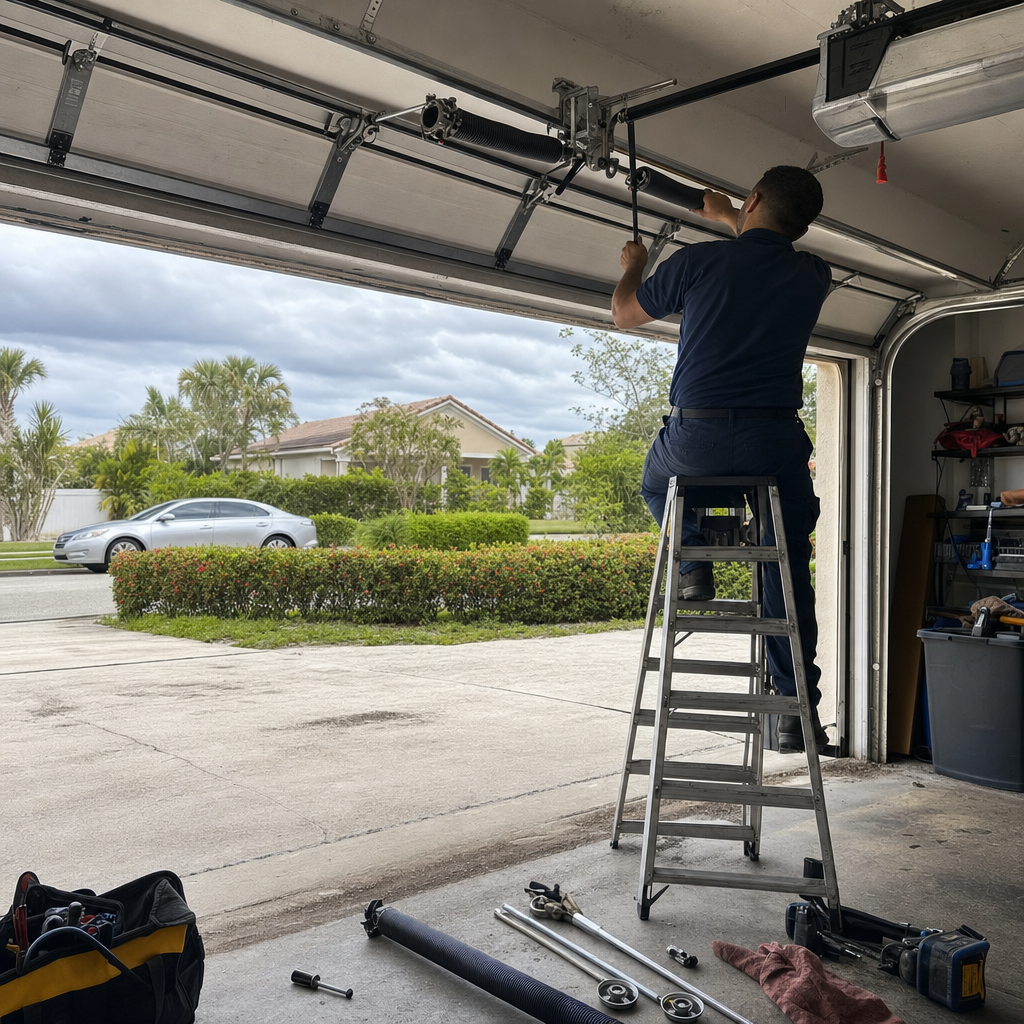 Technician performing emergency garage door repair on springs in Lauderhill, FL