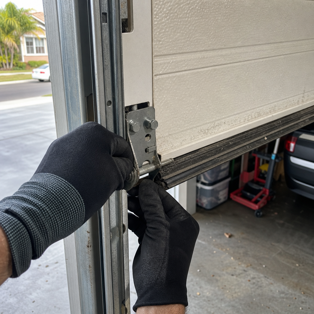 Technician performing emergency garage door repair on track mechanism in Lauderhill, FL