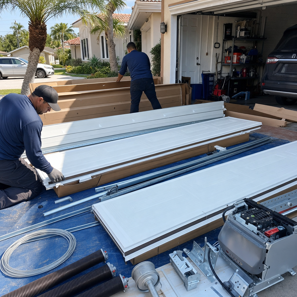Garage door installation with new panels and hardware