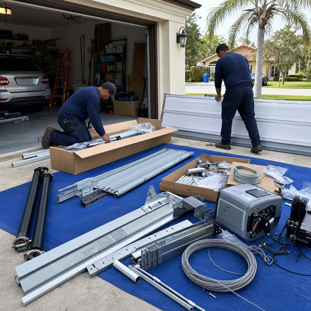 Garage door installation professionals working with parts on a blue tarp