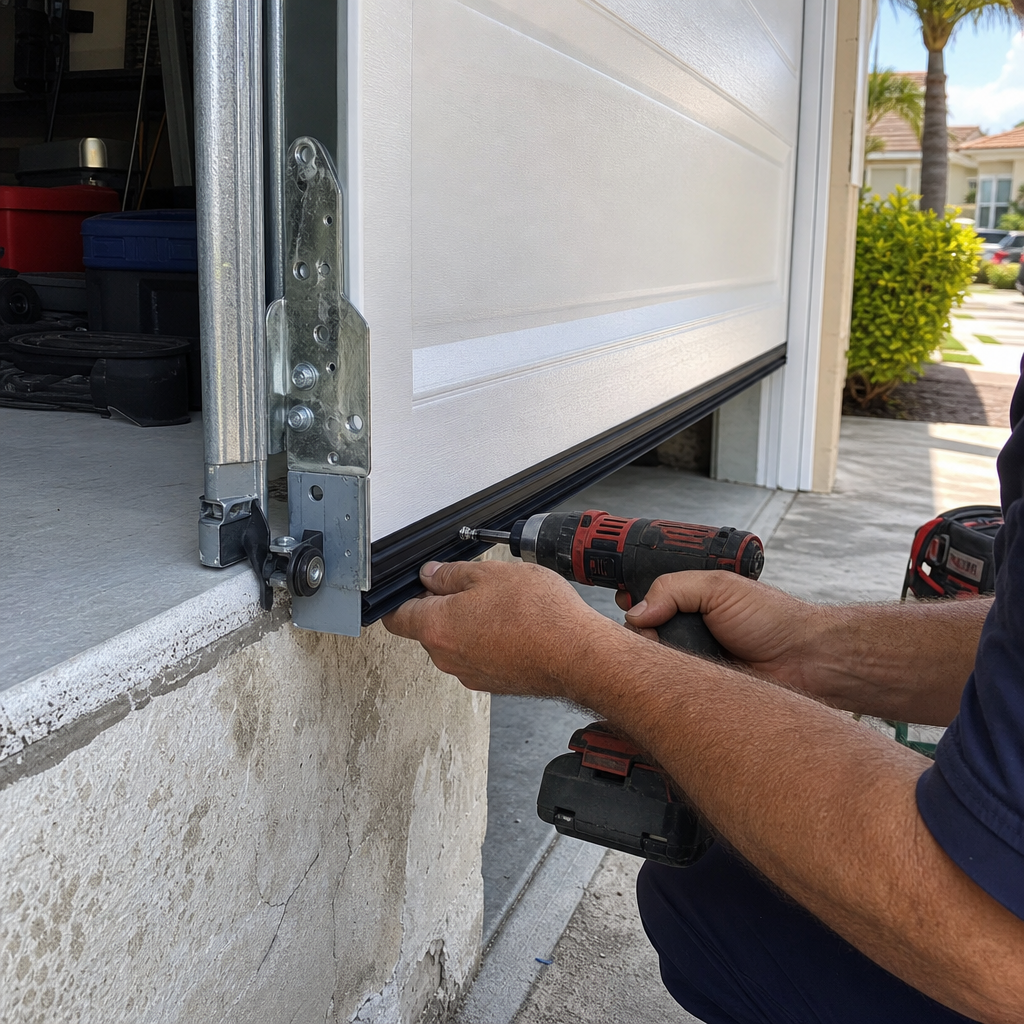 Garage door installation professional screwing rubber seal to garage door bottom.