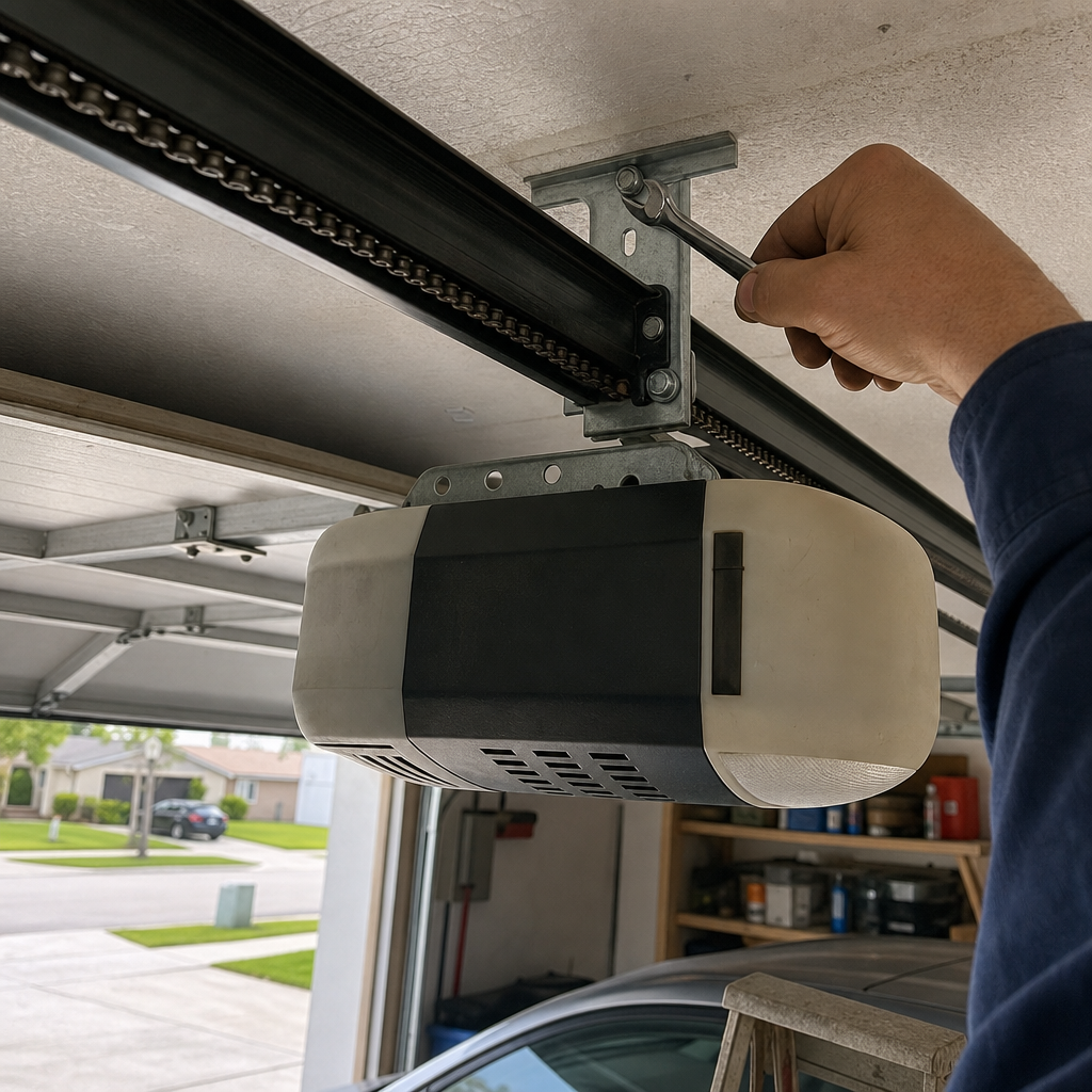 Professional adjusting garage door opener mechanism with a wrench
