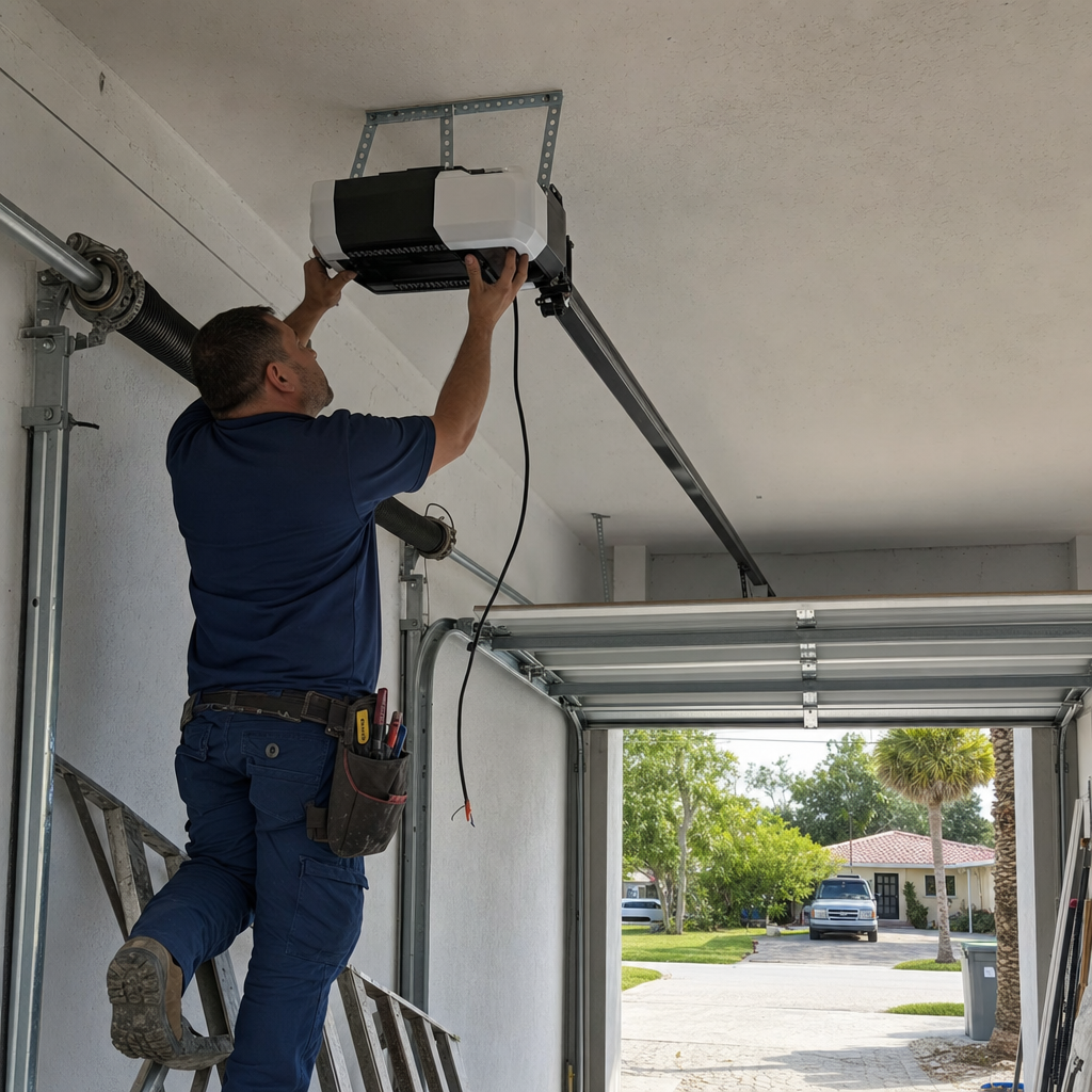 Professional installing garage door opener on ceiling