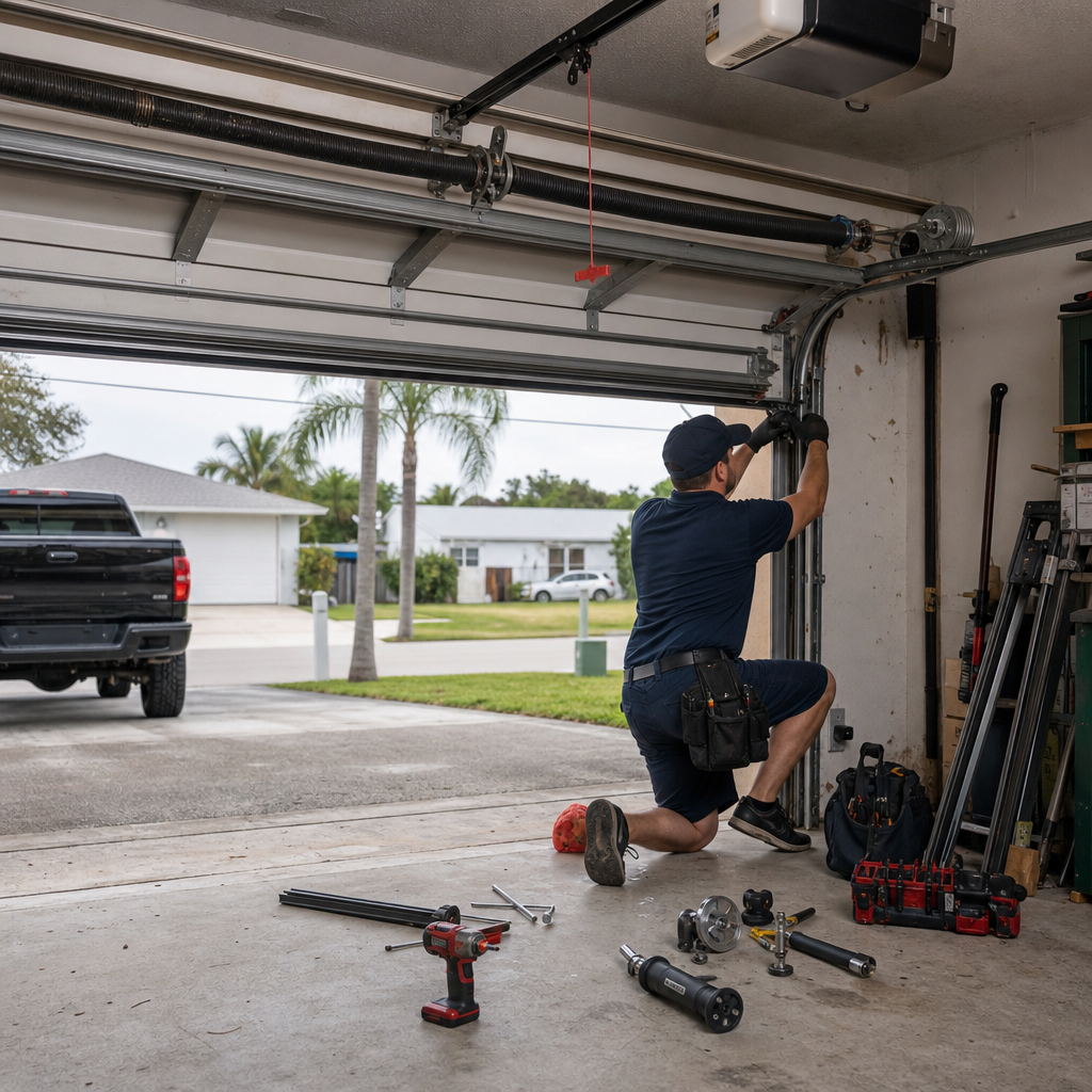 Technician working on garage door parts in Lauderhill, FL