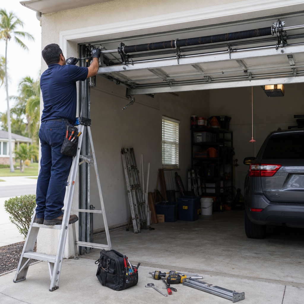 Garage door technician repairs spring mechanism on overhead door in Lauderhill, FL