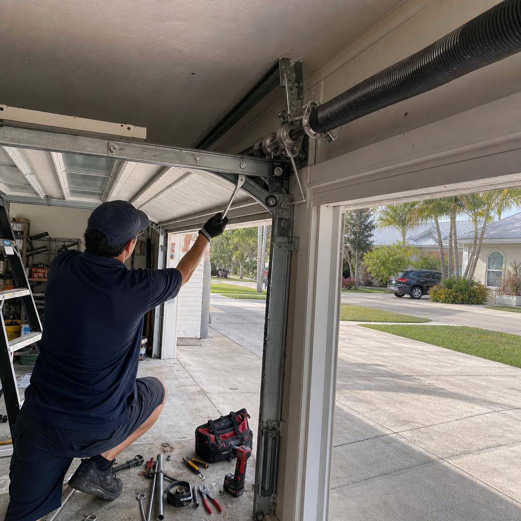 Garage door technician installing spring with wrench in Lauderhill, FL