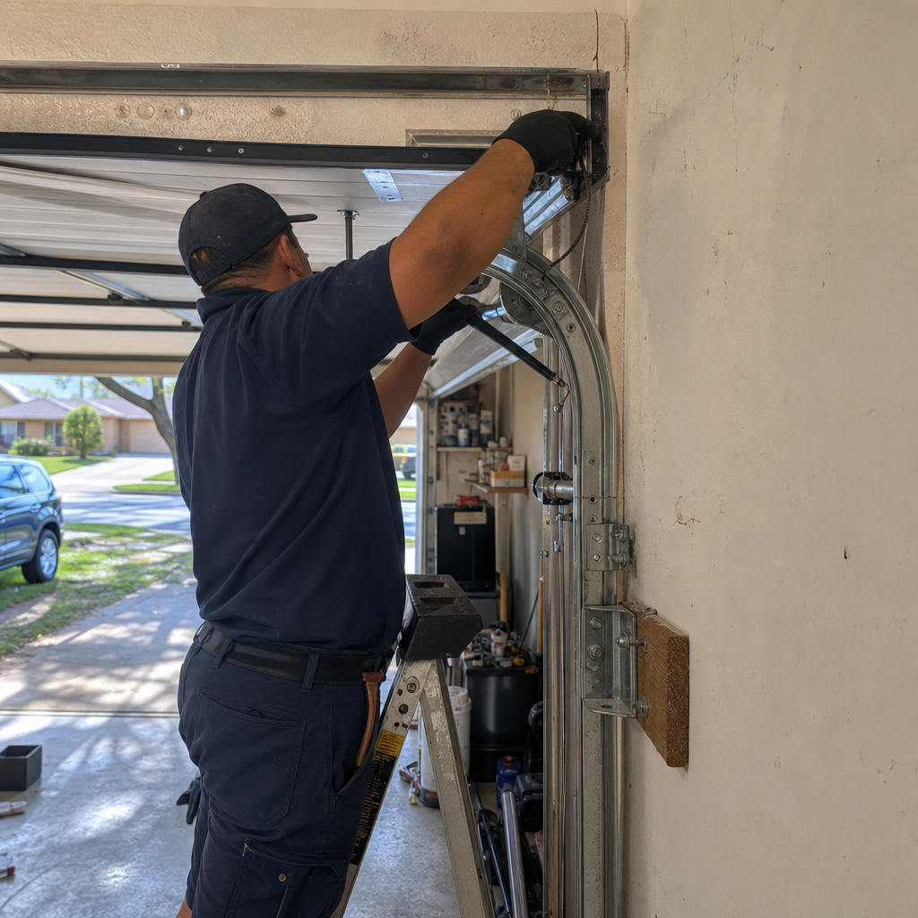 Technician installing garage door part on overhead door track. in Fort Lauderdale, FL