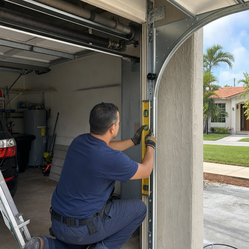 Garage door repair technician using a level on door track