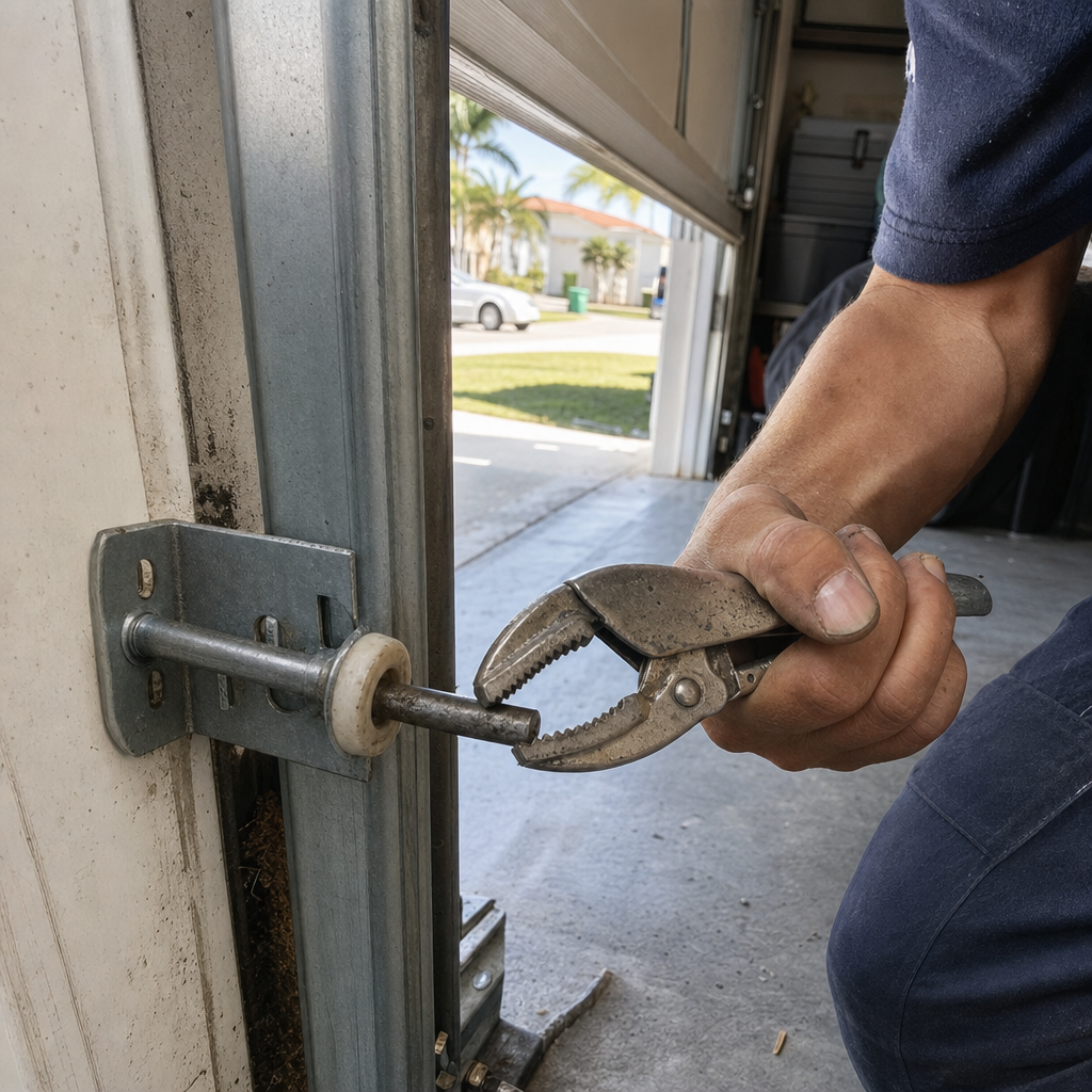 Garage door repair technician using pliers on a roller mechanism