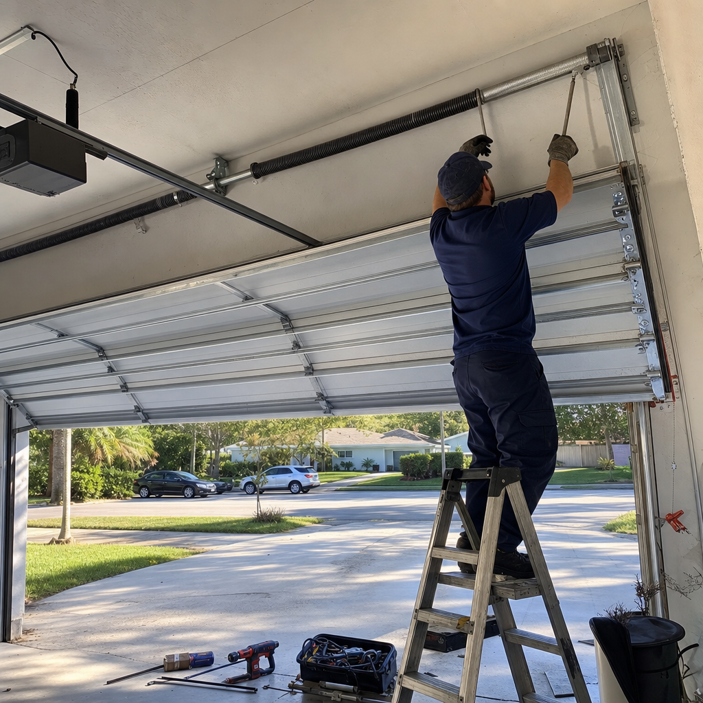 Technician repairing garage door spring mechanism from a ladder